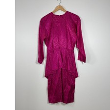 Vintage Handmade 70s Peplum Dress Women Medium Magenta Paisley Satin Jacquard picture