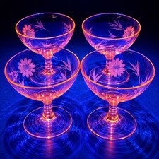 Set of 4 Vintage Tiffin Franciscan Pink Etched Floral UV Reactive Selenium Glass picture