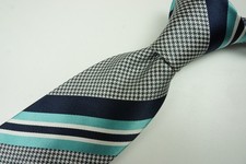 Brioni Silk Teal Gray Navy Houndstooth  Standard Tie Made in Italy NEW picture