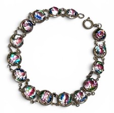 Vintage 50s Fine Silver Czech Iris Glass Deco Revival Bracelet Bezel Set picture