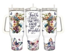 Handmade 40oz Stainless Steel Tumbler-Faith-Butterflies-Scripture-Cross-Gift picture