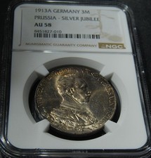 1913A Germany Silver 3 Mark Prussia-Silver Jubilee - NGC AU58 picture