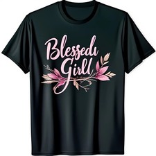 Stylish Black T-Shirt with Blessed Girl Floral Graphic in Pink Q1452 picture