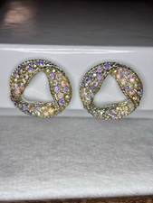 Vtg 1950s Gold Pavé AB Rhinestone Open Swirl Wreath Statement Clip On Earrings picture