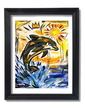 Guajardo Art Original 14x11 Neo Expressionism Jumping Dolphin Sun Painting picture