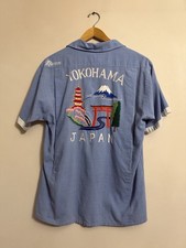 Vintage 1960s Yokohama Japan Bowling Shirt Embroidered Mt Fuji Pagoda Souvenir L picture