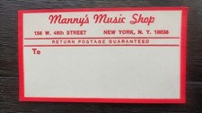 Vintage Manny's Music Shipping Label Rare Collectable picture