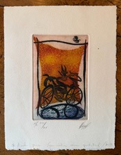 Devil on Bike 1991 intaglio etchin vtg Mexico Surreal MIGUEL ANGEL LOPEZ Etching picture