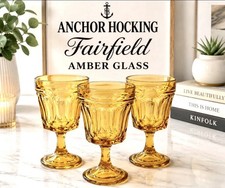 VTG Anchor Hocking Fairfield Amber Glass Goblets Thumbprint Wine Water Set of 3 picture