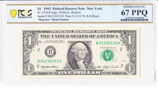 $1 1993 FRN - New York - Repeater Ladder Serial 01230123 - PCGS 67 PPQ picture