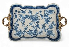 Blue, White Chinoiserie Porcelain Decorative Tray.Decorative Bronze Handles-15