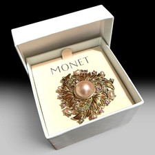 Vintage Monet Floral Brooch with Pink Pearls & Rhinestones in Original Blue Box picture