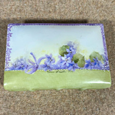 Vintage 1983 Hand Painted Porcelain Jewelry Trinket Box Violets Signed picture