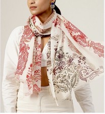 NWOT J. Jill Lightweight Oblong Scarf Woven Wool Paisley Wrap Ivory Red 24x70