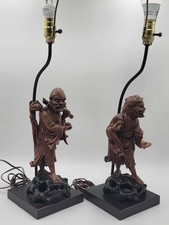 Pair Of Antique C 1910's Chinese Handcarved Boxwood Statues Made Into Lampshades picture