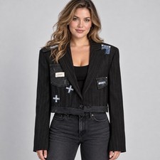 Upcycled  Black Pinstriped Cropped Blazer with Denim Patch Accents size 2X picture