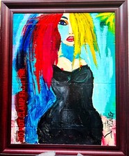 Original LADY Art PAINTING acrylic upcycled 27X33 Framed SWARTZMILLER DNA SIGNED picture