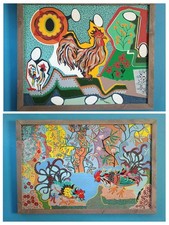 2 Original Acrylic Paintings: Modern Surrealism Roosters Cincinnati Outsider Art picture