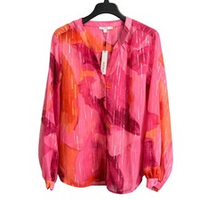 Chicos Lia Wash Billow Sleeve Blouse Pink Orange Metallic Stripe 3 XL Sheer picture