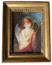 Antique French Miniature Angel Watercolor Gouache Early 1800s Gilt Wood Frame picture