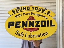 NEW PURCHASE GIANT VINTAGE 1950'S PENNZOIL PORCELAIN DOUBLE-SIDED SIGN 30 X 20  picture