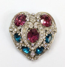 VTG Stunning Pink & Blue Glass Rhinestone Heart Brooch Silver Tone Unsigned picture