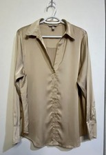 H&M V-Neck Satin Blouse Womens L Champagne Beige Long Sleeve Button Up Shirt picture
