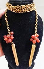 Vintage Sonia Rykiel Paris Gold Tone Long Necklace Red Beads 2 Hanging Ends picture