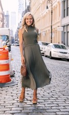 Avara Size L Olive Green Sleeveless Pleated Mixed Media Midi Dress Mock Neck NWT picture