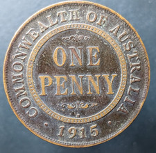 1915-H Australia King George V Bronze Penny Coin - Scarce WWI Heaton Mint Date picture