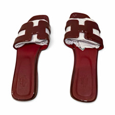 Women’s Burgundy White Patent Leather Slide Sandals Slip On Open Toe 9 picture