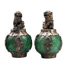 Acxico 1Pairs Exquiste Chinese Silver Dragon Inlaid Jade Hand Carved Lion Sta... picture