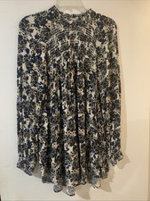 Free People Floral Tunic Women SZ S Boho cottagecore blue white flowy peasant picture