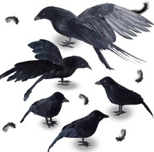 5Pack Halloween Crow Decorations Handmade Realistic Black Feathered Lifesize Fly picture
