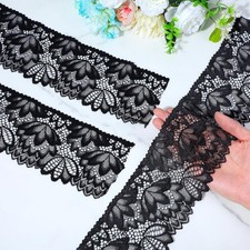 Black Lace Trim 5 Yards, 4 Inch Wide Stretch Lace Fabric Floral Embroidered picture