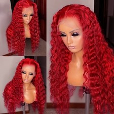 Women Red Color Hair Lace Front Wigs Synthetic Deep Wave Heat Resistant Glueless picture