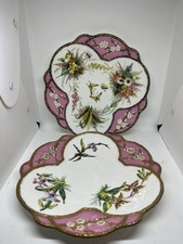Antique Pair Of Bodley Divided Dishes Floral Hand Painted Gilt Trim- 2327 & 2759 picture