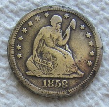 1858-S  Seated Liberty Quarter Rare Key Date VF Damaged Cleaned Bold Liberty picture