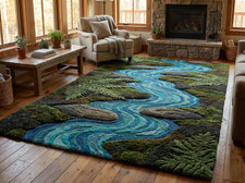 New Modern Hand-Tufted Wool Moss – 3D River Terrain, Botanical Rug Home Decor picture