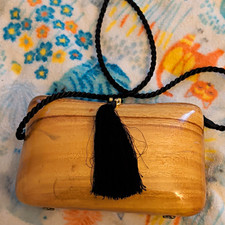 Timmy Woods Wooden Clutch Purse Brown Glossy Gold Hardware Black Rope Strap picture