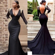 Black Mermaid Evening Gown Long Sleeve Gold Appliques Backless Prom Dress Train picture