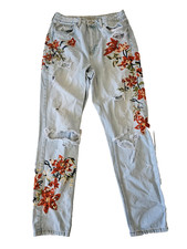 Topshop Moto Mom Jeans Womens W28 L32 Light Wash Floral Embroidered Distressed picture