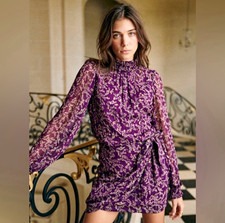 Sézane Palerme Gorgeous Purple and Gold Floral Mini Dress High Neck EU 42 picture