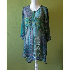 Parisian Chic Soft Life Teal Blue Paisley Patchwork Sheer Tunic Blouse Medium picture