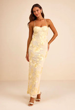 NWT Lulus Rare Presence Light Yellow 3D Floral Embroidered Maxi Dress Size XS picture