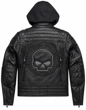 Men’s Harley Davidson Black Leather Motorcycle Biker Jacket Skull Hooded Riding picture