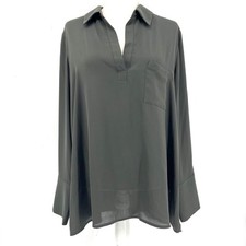 Pleione Gray/Green Chiffon Opaque Drapey Tunic Collared Blouse XL picture