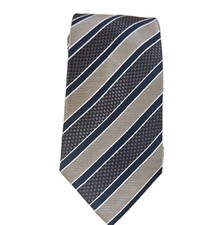 Men's Tie Lombardo Dallas 100% Silk Necktie USA Made Navy Blue/Gold/Beige picture