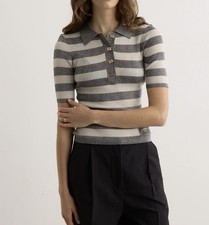 Ganni Metallic Striped Ribbed-knit Polo Shirt picture