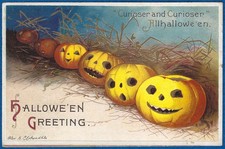 Halloween Clapsaddle Jack O' Lanterns Row of 6 Gold Accents A/S Emb PC c1915 picture